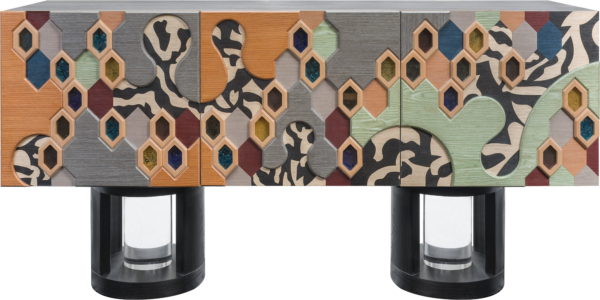 Honey Comb Sideboard: Artistic Wood and Glass Sideboard with Geometric Design and Vibrant Colors